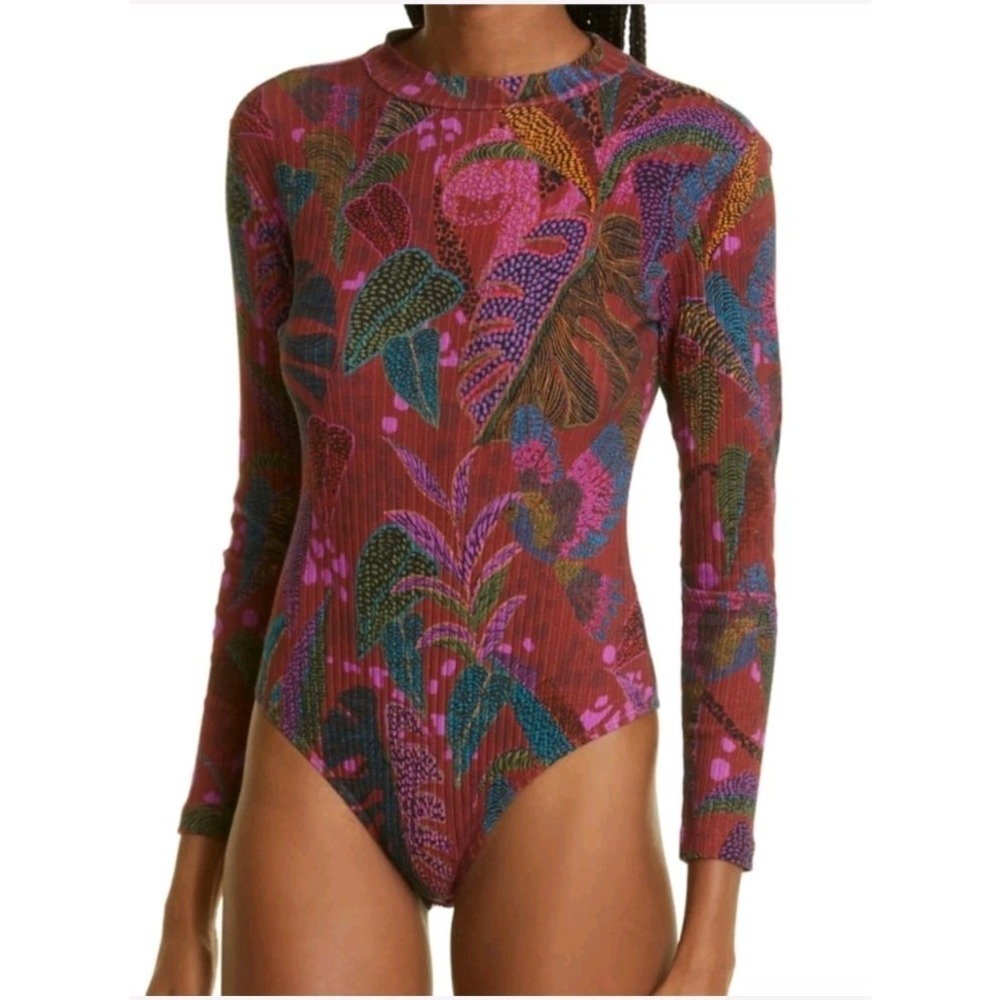 Farm Rio Dotted Forest Jungle Leaf Long Sleeve Ribbed Cotton Bodysuit Sz M